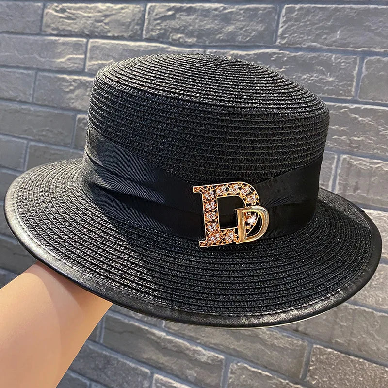 Panama Fashion Ladies Elegant Raffia Straw Hat Rhinestone Letters Vacation Travel High Quality Ladies Summer Topper Banquet Hat - www.Shopthatapp.com #