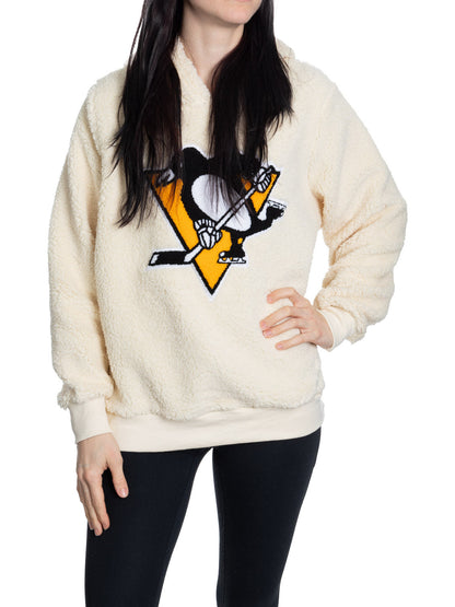 Pittsburgh Penguins Ladies Sherpa Hoodie with Premium Chenille Logo - www.Shopthatapp.com