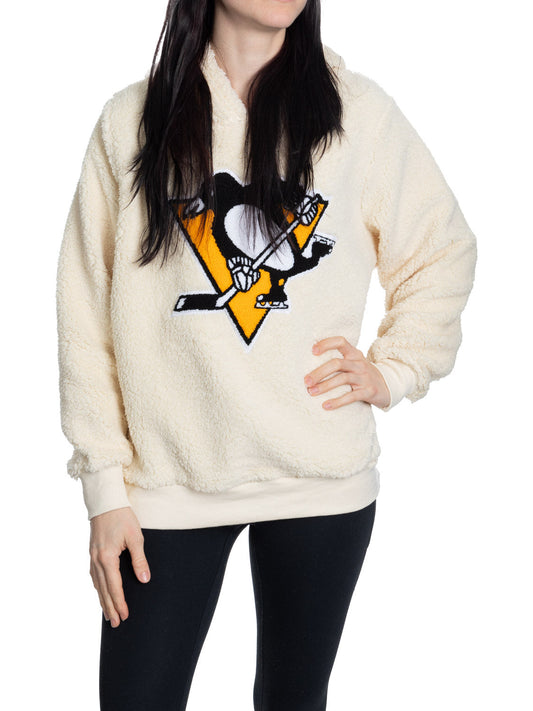 Pittsburgh Penguins Ladies Sherpa Hoodie with Premium Chenille Logo - www.Shopthatapp.com
