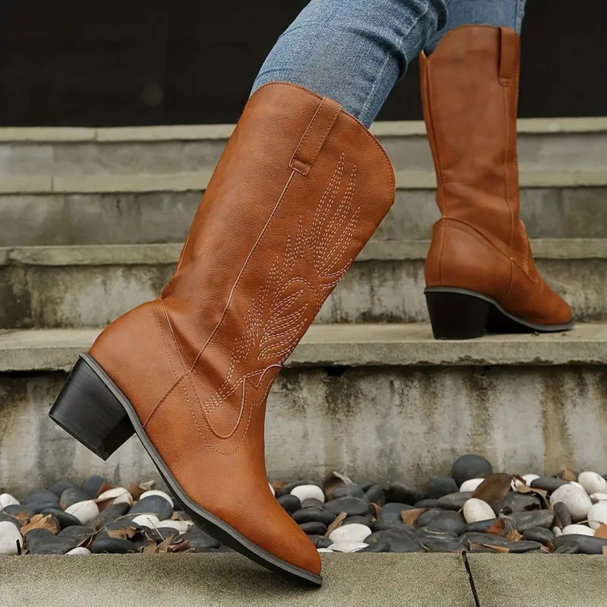Plus Size Autumn New Mid-calf Riding Boots Embroidered Mid Heel Snow - www.Shopthatapp.com