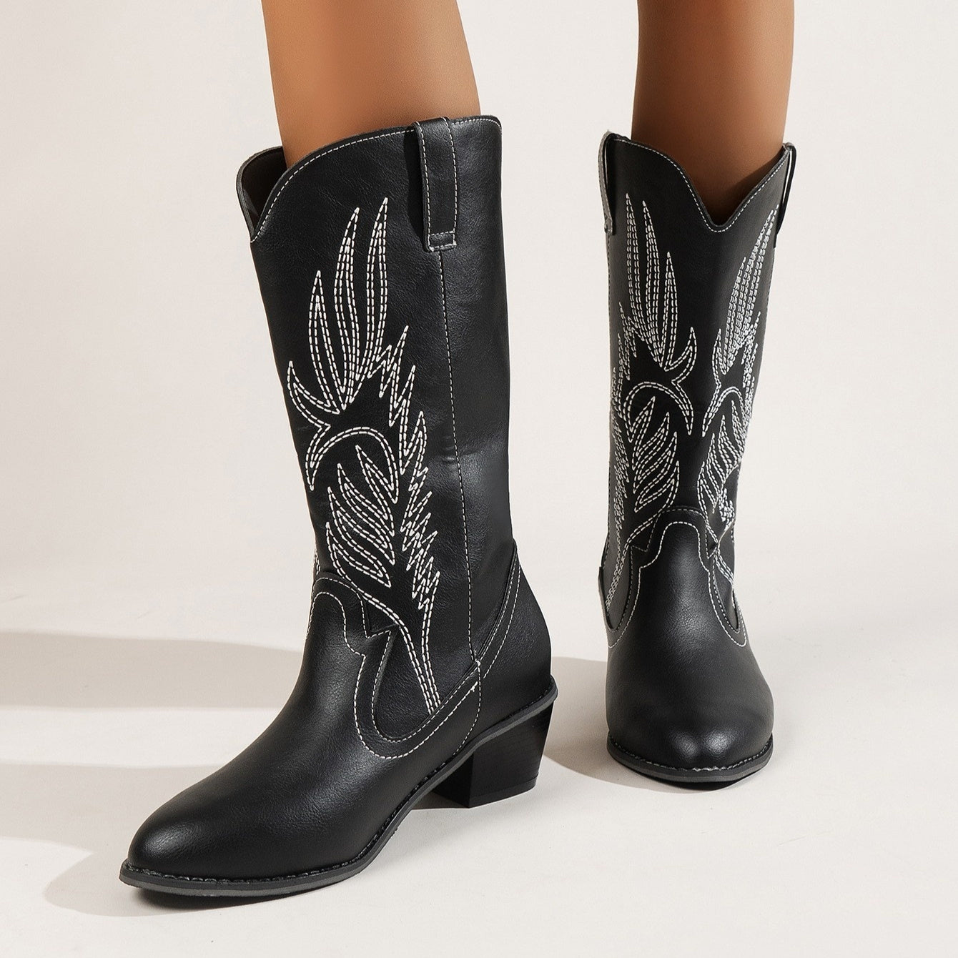 Plus Size Autumn New Mid-calf Riding Boots Embroidered Mid Heel Snow - www.Shopthatapp.com