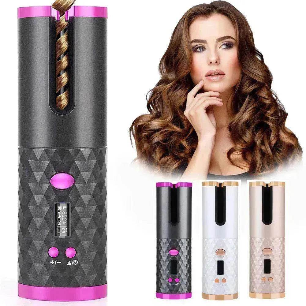 Portable LCD Hair Curler: Rechargeable, Ceramic, Auto Rotating - www.Shopthatapp.com