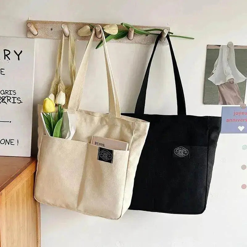 Preppy Style Canvas Handbags Women's Solid Color Simple Large Capacity Daily Shoulder Bag Multiple Pockets Shopping Bags Girls Students Tote Handbag. - www.Shopthatapp.com