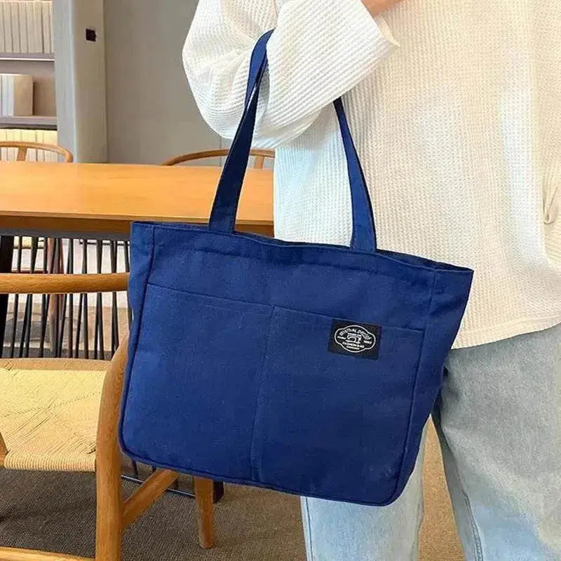 Preppy Style Canvas Handbags Women's Solid Color Simple Large Capacity Daily Shoulder Bag Multiple Pockets Shopping Bags Girls Students Tote Handbag. - www.Shopthatapp.com