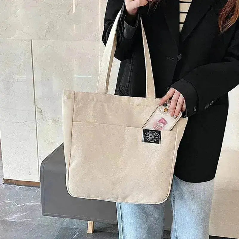 Preppy Style Canvas Handbags Women's Solid Color Simple Large Capacity Daily Shoulder Bag Multiple Pockets Shopping Bags Girls Students Tote Handbag. - www.Shopthatapp.com