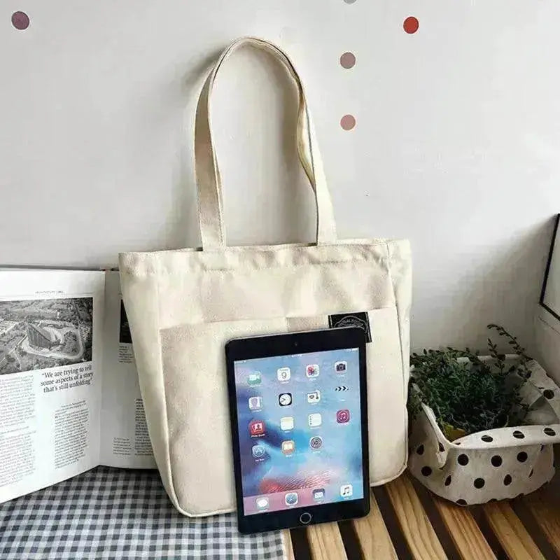 Preppy Style Canvas Handbags Women's Solid Color Simple Large Capacity Daily Shoulder Bag Multiple Pockets Shopping Bags Girls Students Tote Handbag. - www.Shopthatapp.com