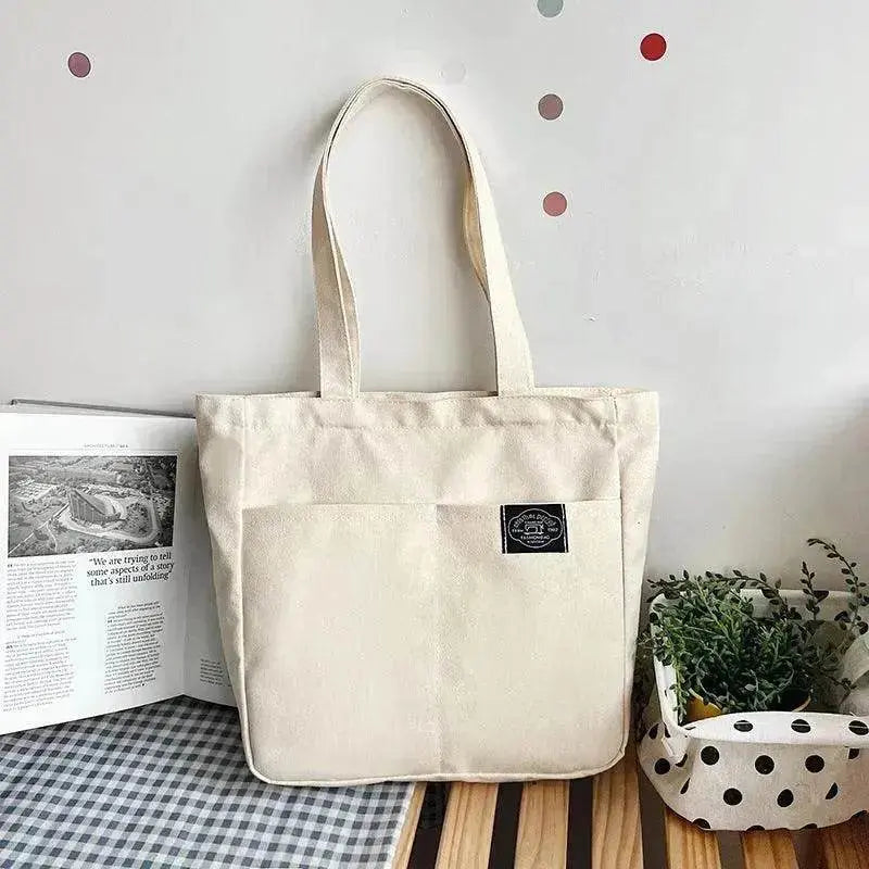 Preppy Style Canvas Handbags Women's Solid Color Simple Large Capacity Daily Shoulder Bag Multiple Pockets Shopping Bags Girls Students Tote Handbag. - www.Shopthatapp.com