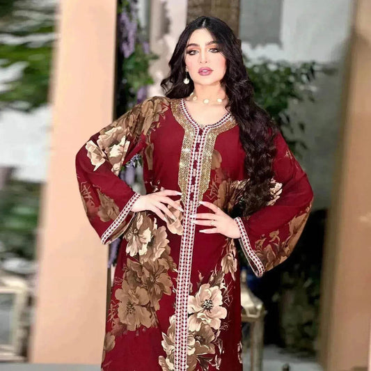 Printed Embroidered Elegant Arab Dubai Turkey Middle Eastern Sophisticated Women Abaya Dress Robe - www.Shopthatapp.com #