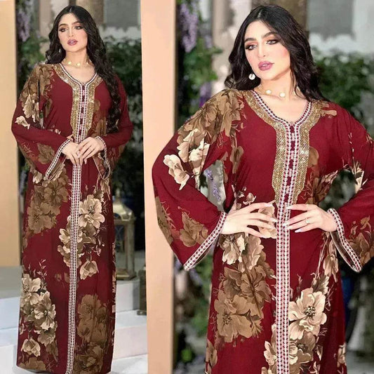 Printed Embroidered Elegant Arab Dubai Turkey Middle Eastern Sophisticated Women Abaya Dress Robe - www.Shopthatapp.com #
