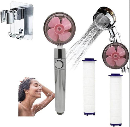 Propeller Driven Shower Head With Stop Button And Cotton Filter Turbocharged High Pressure Handheld Shower Nozzle - www.Shopthatapp.com #