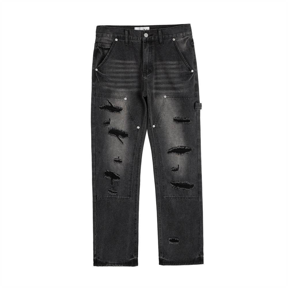 Punk Beggar Ripped Denim Straight-leg Trousers Men Jeans - www.Shopthatapp.com #