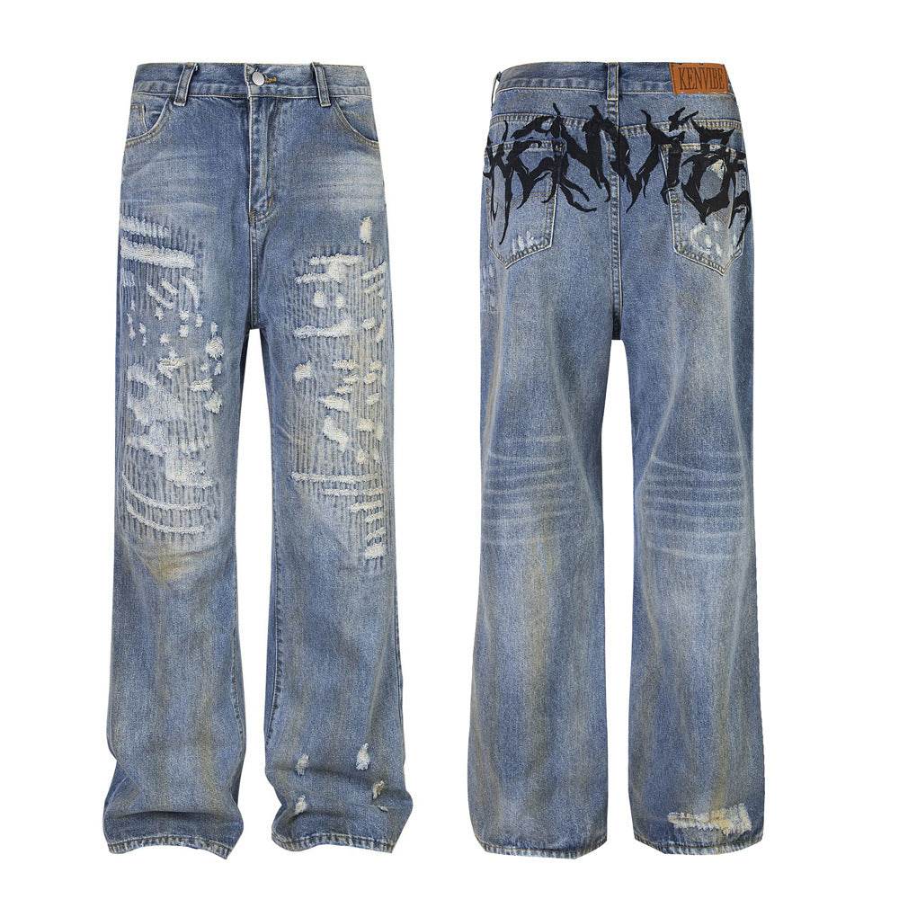 Punk Make Old Ripped Letter Denim Trousers Men Jeans - www.Shopthatapp.com #