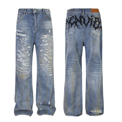 Punk Make Old Ripped Letter Denim Trousers Men Jeans - www.Shopthatapp.com #