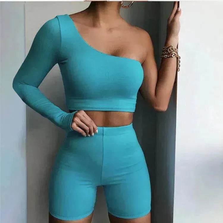 Pure Color Charming One-shoulder Sports Yoga Two-piece Fashion Suit Fitness Workout Gym wear for Women - www.Shopthatapp.com #