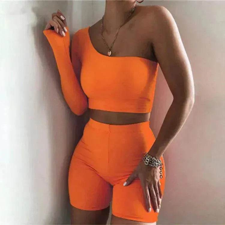 Pure Color Charming One-shoulder Sports Yoga Two-piece Fashion Suit Fitness Workout Gym wear for Women - www.Shopthatapp.com #