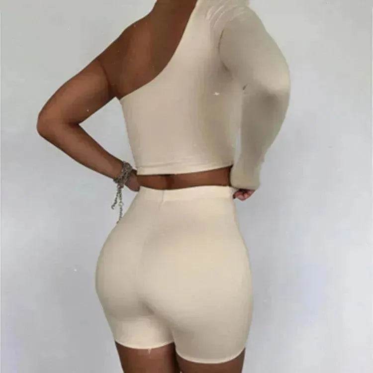Pure Color Charming One-shoulder Sports Yoga Two-piece Fashion Suit Fitness Workout Gym wear for Women - www.Shopthatapp.com #