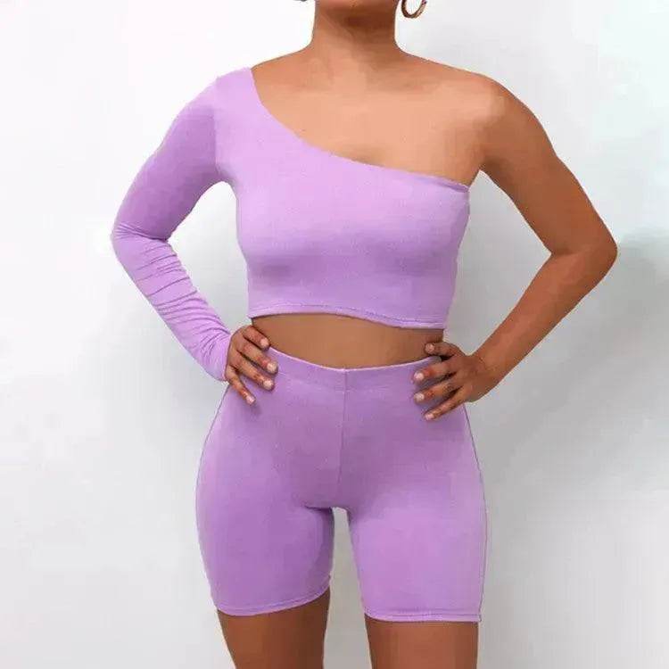 Pure Color Charming One-shoulder Sports Yoga Two-piece Fashion Suit Fitness Workout Gym wear for Women - www.Shopthatapp.com #