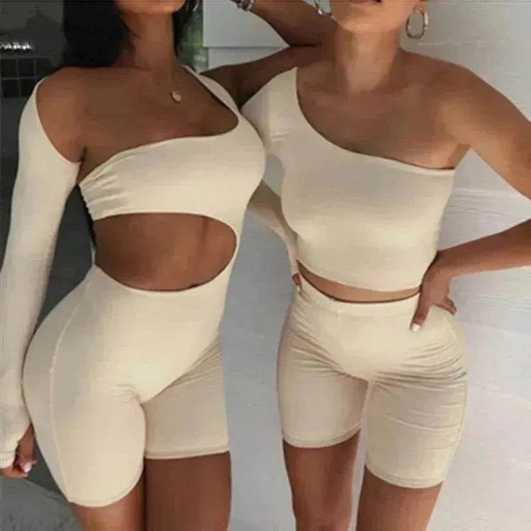 Pure Color Charming One-shoulder Sports Yoga Two-piece Fashion Suit Fitness Workout Gym wear for Women - www.Shopthatapp.com #