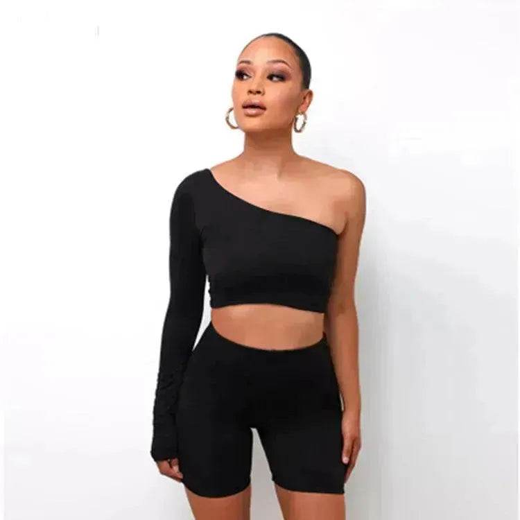 Pure Color Charming One-shoulder Sports Yoga Two-piece Fashion Suit Fitness Workout Gym wear for Women - www.Shopthatapp.com #