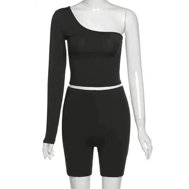 Pure Color Charming One-shoulder Sports Yoga Two-piece Fashion Suit Fitness Workout Gym wear for Women - www.Shopthatapp.com #