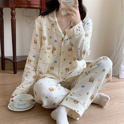 Pure Cotton Cartoon Long-sleeved Pajamas Set Letter Bear Homewear For Women - www.Shopthatapp.com