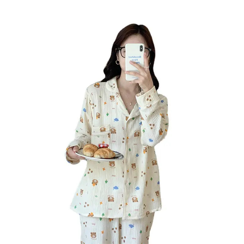 Pure Cotton Cartoon Long-sleeved Pajamas Set Letter Bear Homewear For Women - www.Shopthatapp.com
