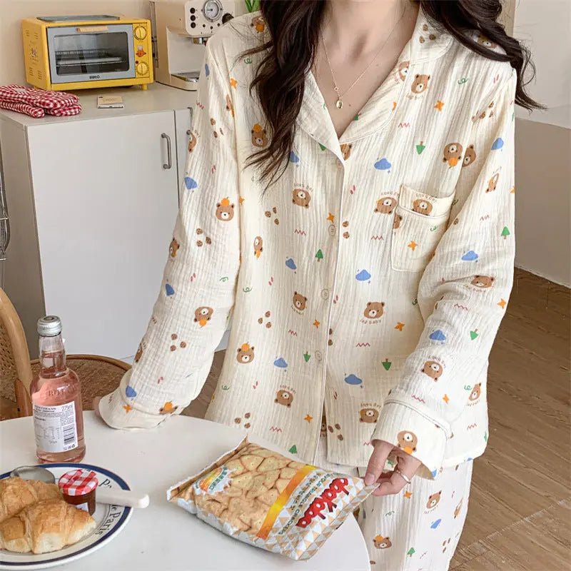 Pure Cotton Cartoon Long-sleeved Pajamas Set Letter Bear Homewear For Women - www.Shopthatapp.com