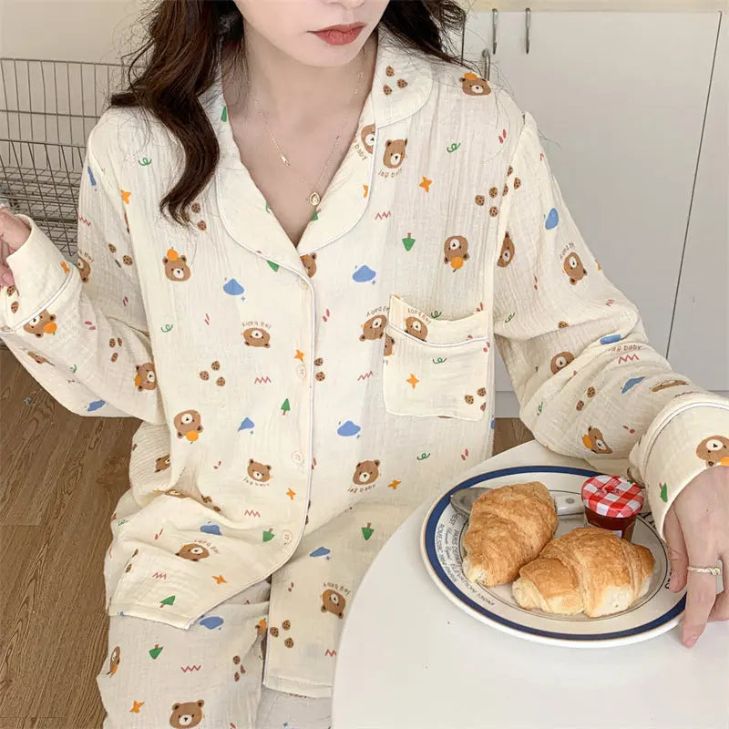 Pure Cotton Cartoon Long-sleeved Pajamas Set Letter Bear Homewear For Women - www.Shopthatapp.com