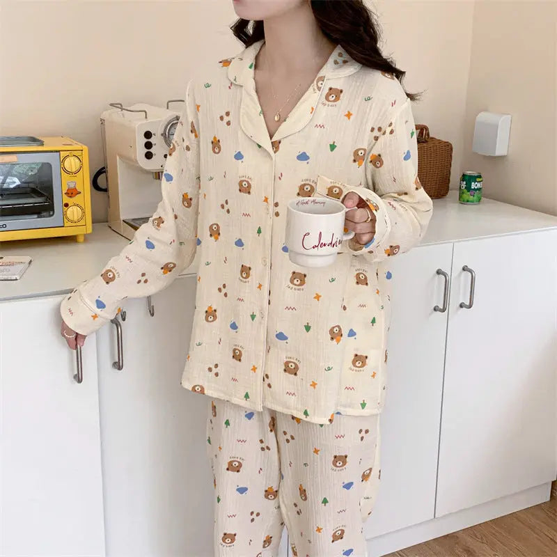 Pure Cotton Cartoon Long-sleeved Pajamas Set Letter Bear Homewear For Women - www.Shopthatapp.com