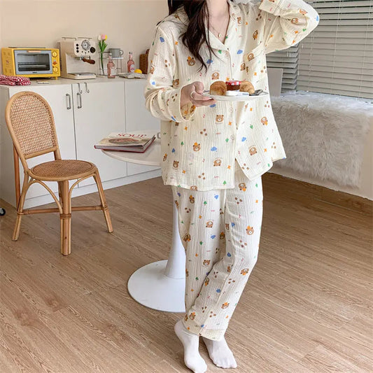 Pure Cotton Cartoon Long-sleeved Pajamas Set Letter Bear Homewear For Women - www.Shopthatapp.com #