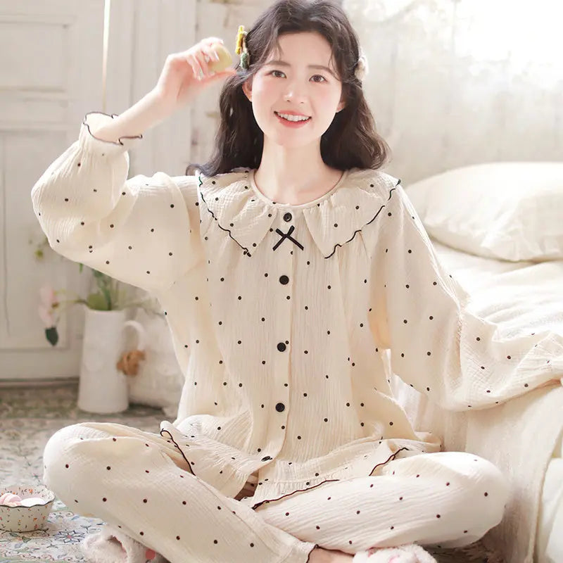 Pure Cotton Gauze Pajamas For Women Sweet And Fresh  Long Sleeves With Chest Pads - www.Shopthatapp.com