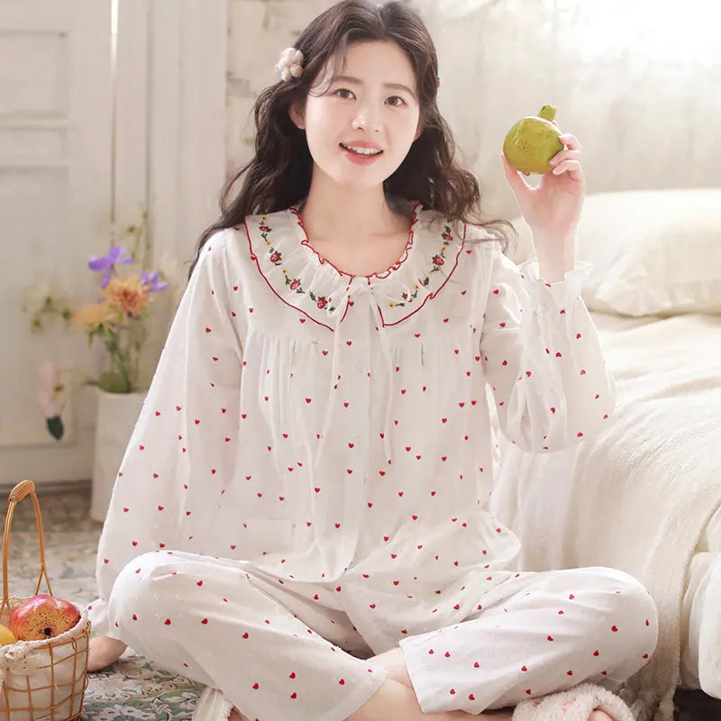 Pure Cotton Gauze Pajamas For Women Sweet And Fresh  Long Sleeves With Chest Pads - www.Shopthatapp.com