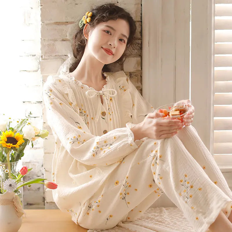 Pure Cotton Gauze Pajamas For Women Sweet And Fresh  Long Sleeves With Chest Pads - www.Shopthatapp.com
