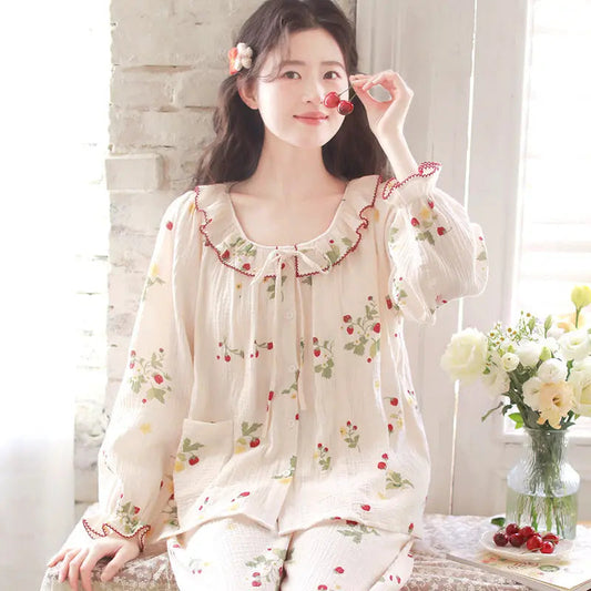 Pure Cotton Gauze Pajamas For Women Sweet And Fresh  Long Sleeves With Chest Pads - www.Shopthatapp.com #