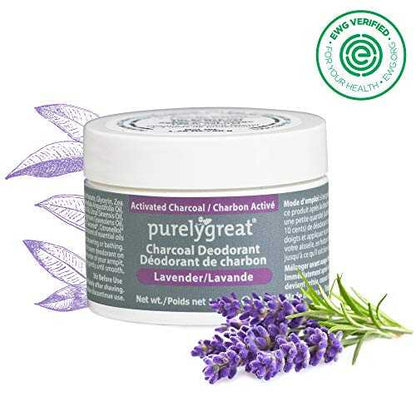 Lavender Charcoal Deodorant with EWG Verified label and lavender flowers.