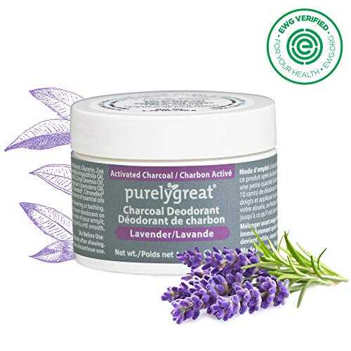 Lavender Charcoal Deodorant with EWG Verified label and lavender flowers.