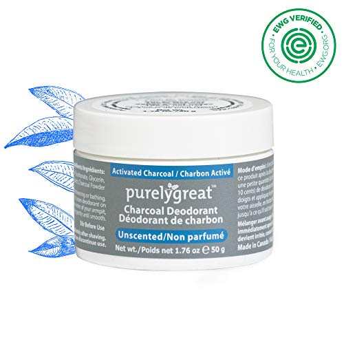 Unscented charcoal deodorant jar with EWG Verified logo and blue leaf design.