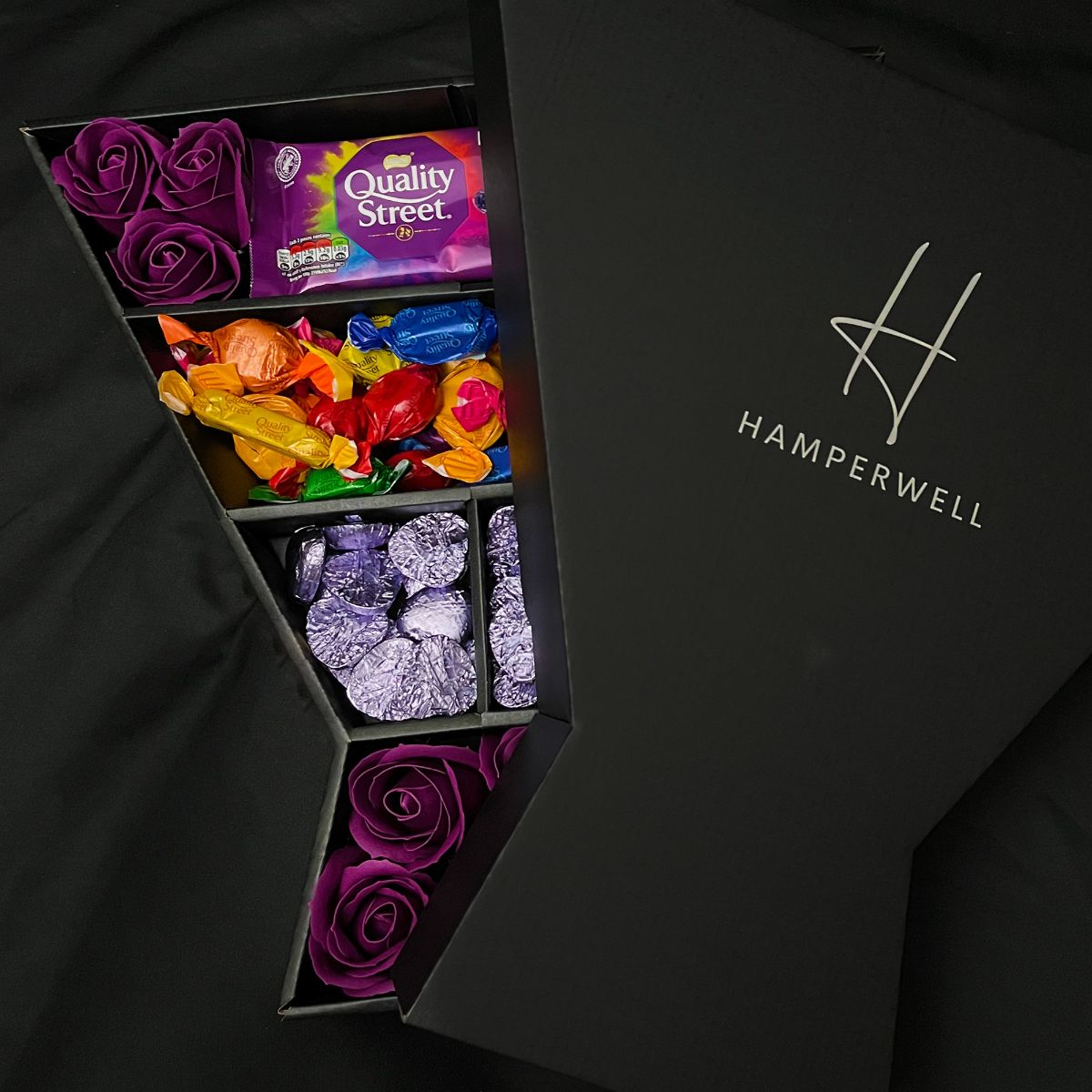 Quality Street Signature Chocolate Bouquet With Purple Roses-Food and beverage-www.Shopthatapp.com-HamperWell
