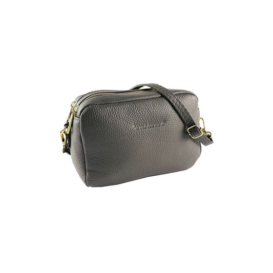 RB1008AQ | Tracollina Donna Doppia Lampo en Vera Pelle Fabriqué en Italie. Tracolla amovible. Attacchi con moschettoni in metallo Oro Lucido - Colore Taupe - Dimensions: cm 20 x 15 x 9