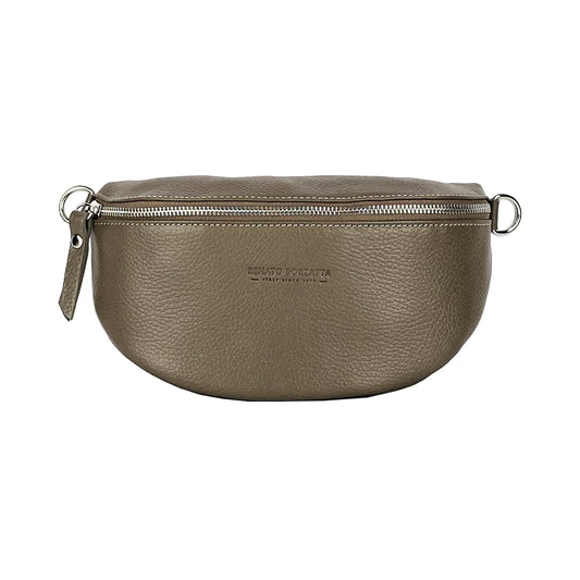 RB1015AQ | Marsupio con tracolla removibile in Vera Pelle Made in Italy. Attacchi con moschettoni in metallo Nickel Lucido - Colore Taupe - Dimensioni: 24 x 14 x 7 - www.Shopthatapp.com