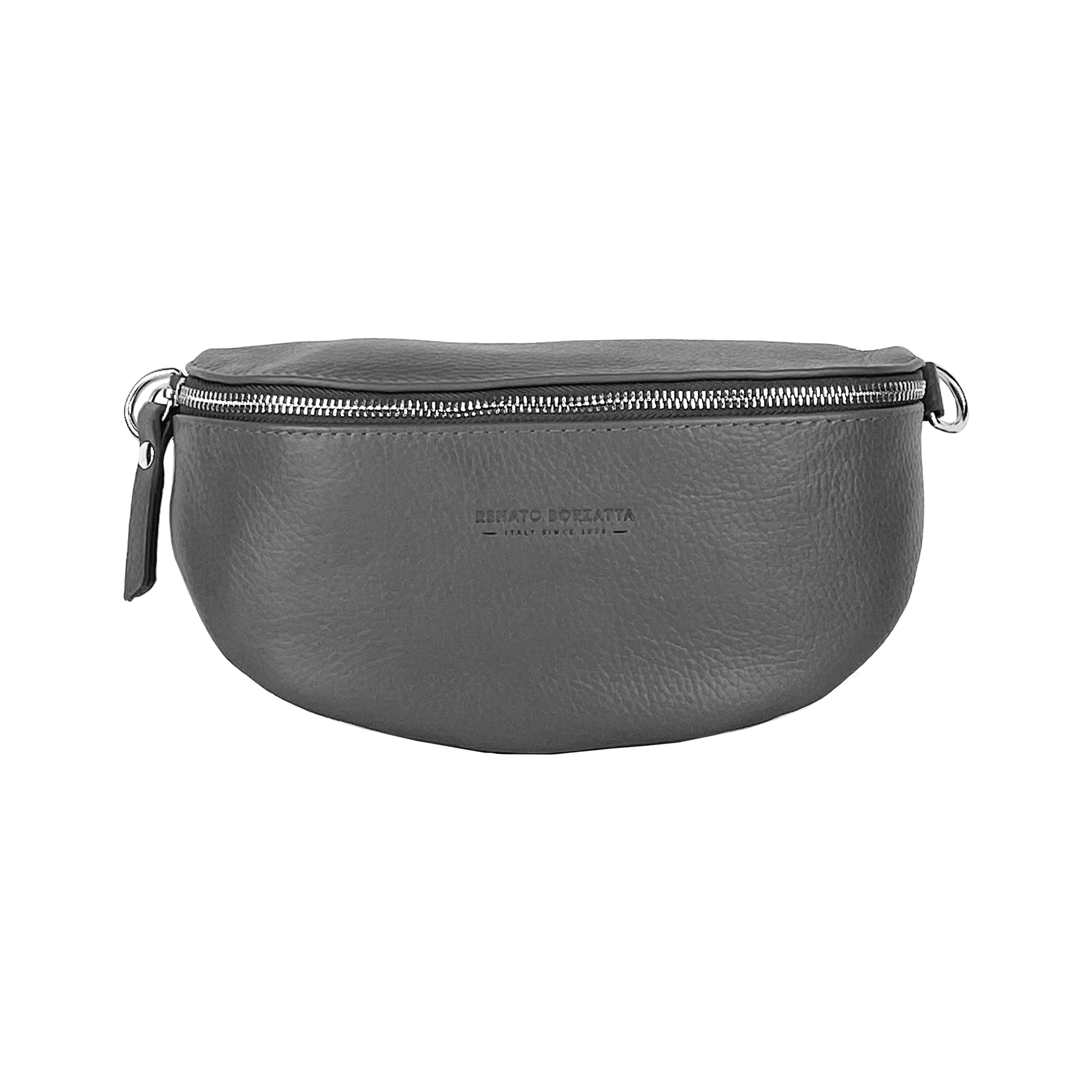 RB1015F | Marsupio con tracolla removibile in Vera Pelle Made in Italy. Attacchi con moschettoni in metallo Nickel Lucido - Colore Grigio - Dimensioni: 24 x 14 x 7 - www.Shopthatapp.com