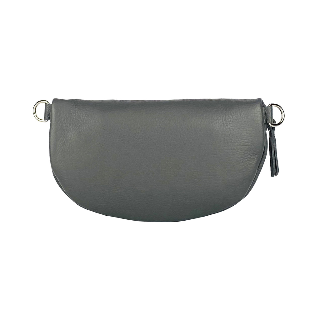 RB1015F | Marsupio con tracolla removibile in Vera Pelle Made in Italy. Attacchi con moschettoni in metallo Nickel Lucido - Colore Grigio - Dimensioni: 24 x 14 x 7 - www.Shopthatapp.com