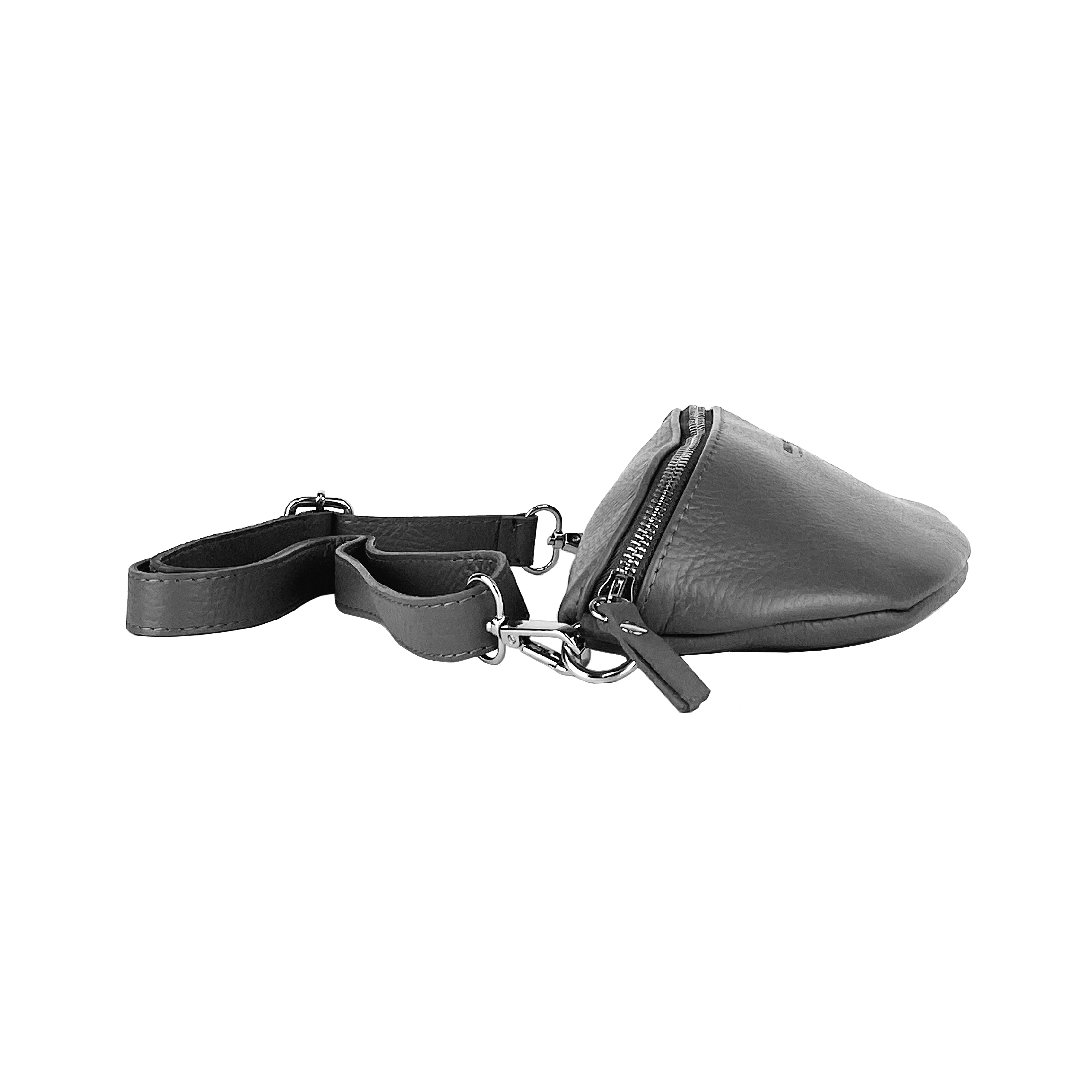 RB1015F | Marsupio con tracolla removibile in Vera Pelle Made in Italy. Attacchi con moschettoni in metallo Nickel Lucido - Colore Grigio - Dimensioni: 24 x 14 x 7 - www.Shopthatapp.com