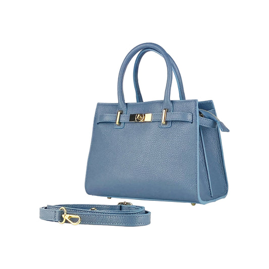 RB1016P | Borsa Donna a Mano en Vera Pelle Fabriqué en Italie avec tracolla amovible. Attacchi con moschettoni in metallo Oro Lucido - Colore Avio - Dimensions: cm 28 x 20 x 14 + 12,5