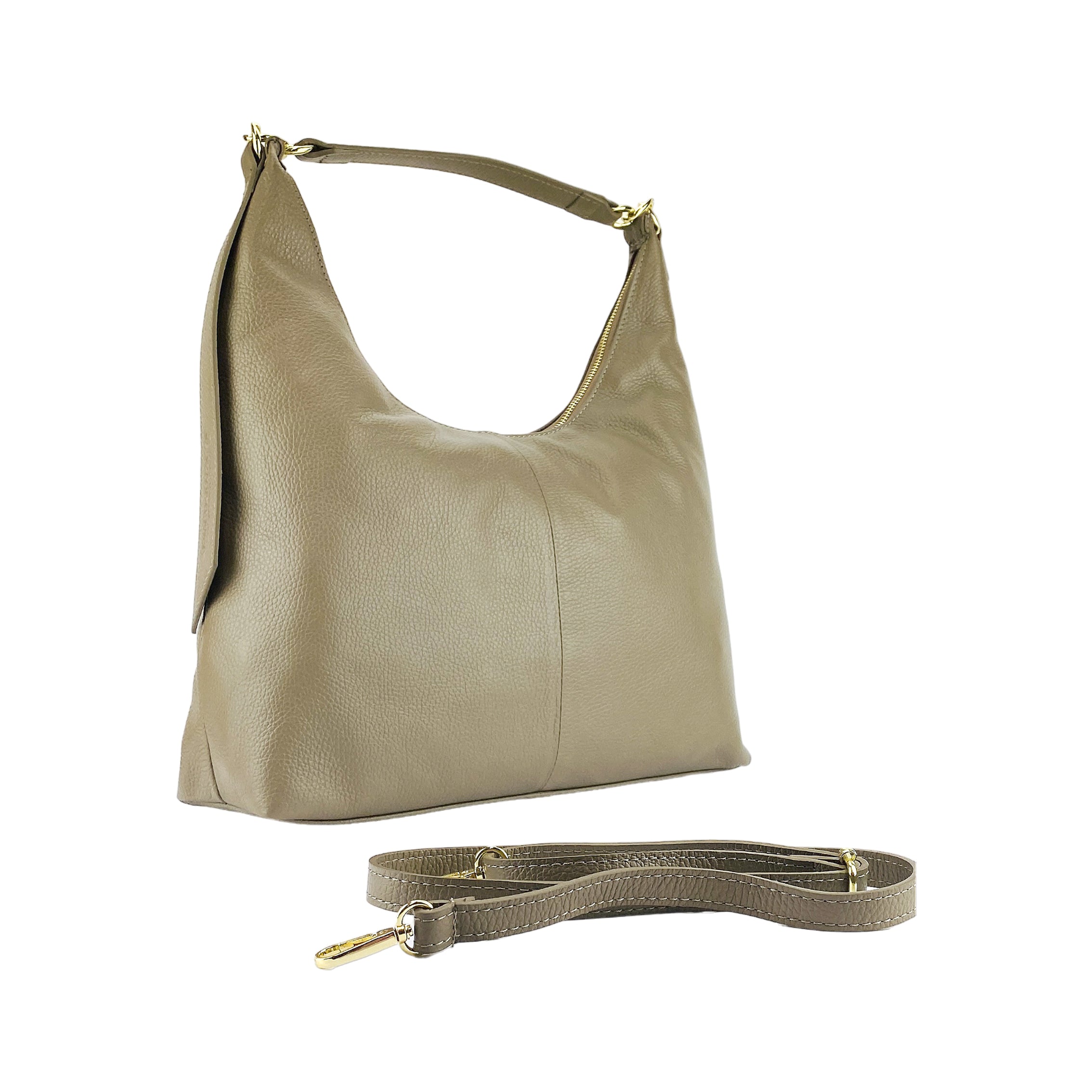 RB1017AQ | Borsa Donna a spalla Morbida in Vera Pelle Made in Italy con manico singolo e tracolla removibile. Attacchi con moschettoni in metallo Oro Lucido - Colore Taupe - Dimensioni: cm 36 x 40 x 13 - www.Shopthatapp.com