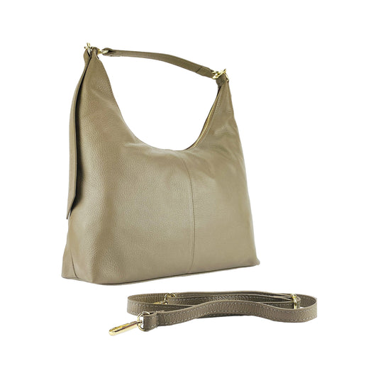 RB1017AQ | Borsa Donna a spalla Morbida en Vera Pelle Made in Italy avec manico singolo e tracolla amovible. Attacchi con moschettoni in metallo Oro Lucido - Colore Taupe - Dimensions: cm 36 x 40 x 13
