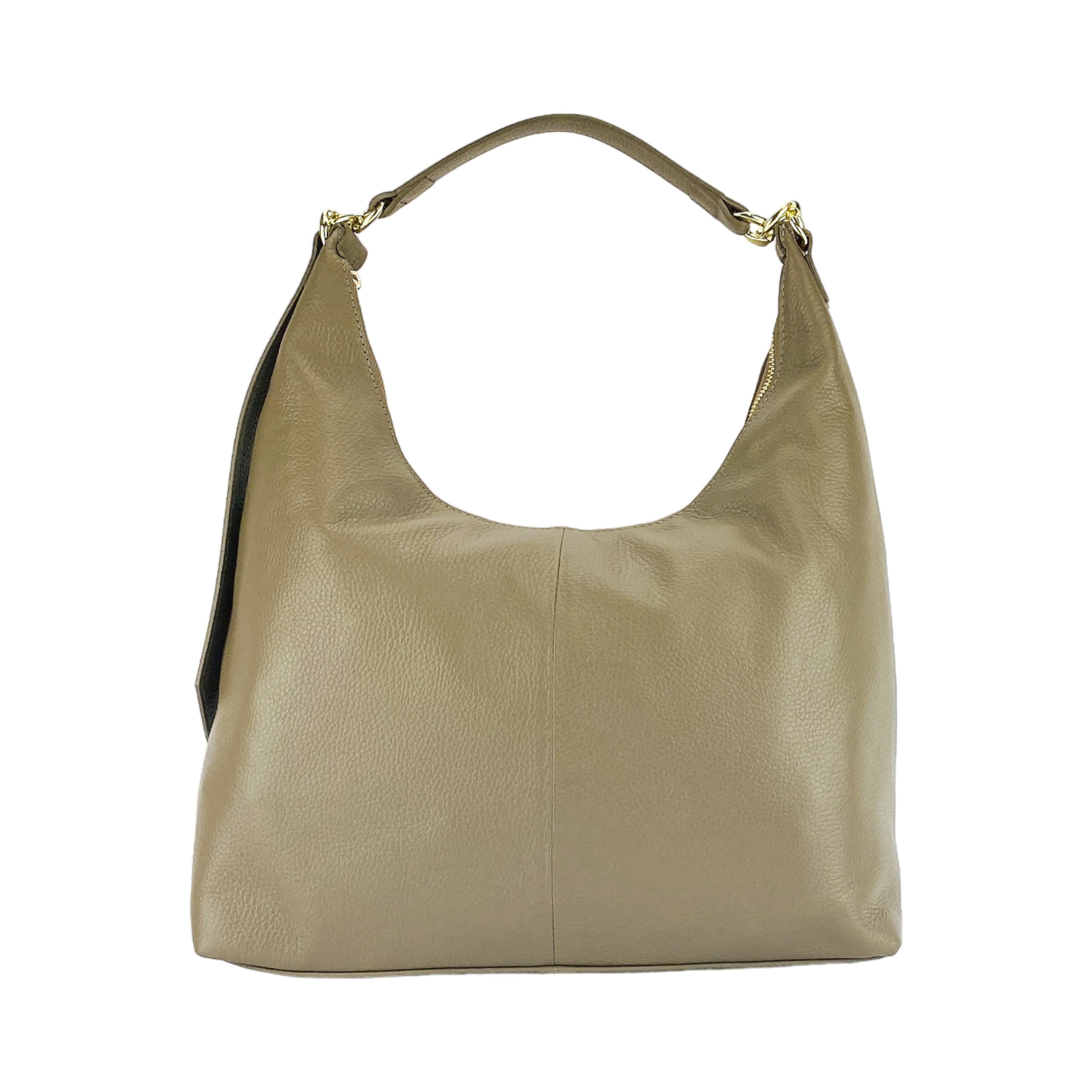 RB1017AQ | Borsa Donna a spalla Morbida in Vera Pelle Made in Italy con manico singolo e tracolla removibile. Attacchi con moschettoni in metallo Oro Lucido - Colore Taupe - Dimensioni: cm 36 x 40 x 13 - www.Shopthatapp.com