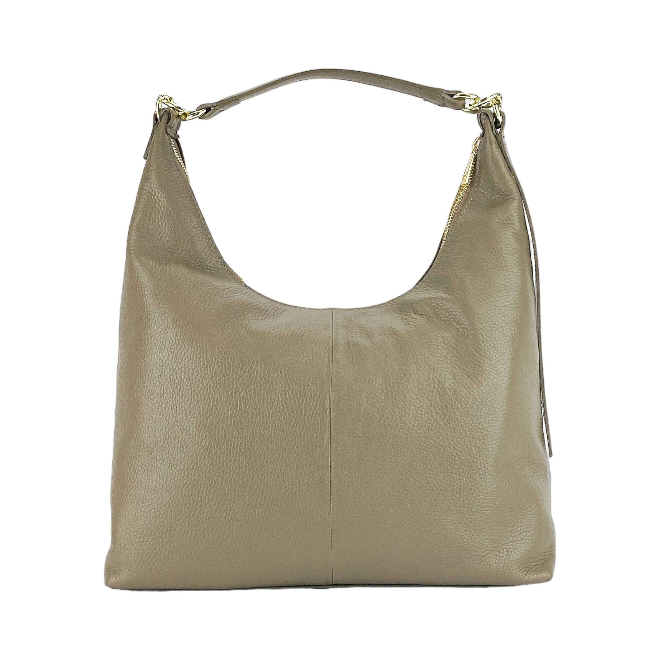 RB1017AQ | Borsa Donna a spalla Morbida in Vera Pelle Made in Italy con manico singolo e tracolla removibile. Attacchi con moschettoni in metallo Oro Lucido - Colore Taupe - Dimensioni: cm 36 x 40 x 13 - www.Shopthatapp.com