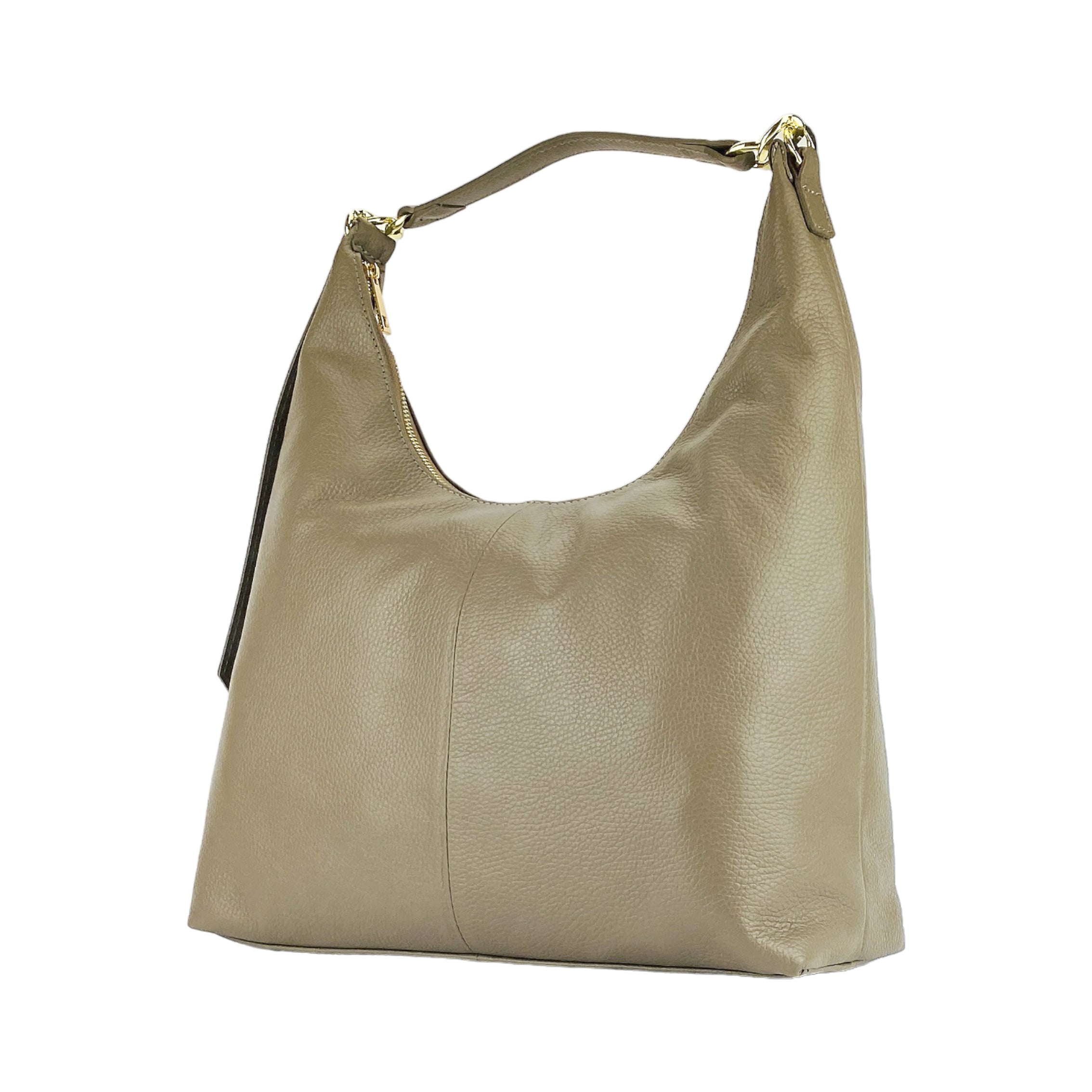 RB1017AQ | Borsa Donna a spalla Morbida in Vera Pelle Made in Italy con manico singolo e tracolla removibile. Attacchi con moschettoni in metallo Oro Lucido - Colore Taupe - Dimensioni: cm 36 x 40 x 13 - www.Shopthatapp.com