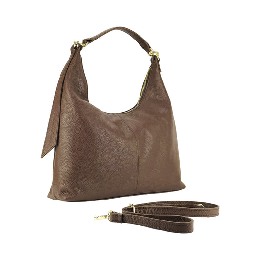 RB1017BV | Borsa Donna a spalla Morbida en Vera Pelle Made in Italy avec manico singolo e tracolla amovible. Attacchi con moschettoni in metallo Oro Lucido - Colore Cioccolato - Dimensions: cm 36 x 40 x 13